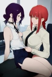 2girls ai_generated areola bangs bare_shoulders black_choker black_neckwear blush braid braided_ponytail breasts business_suit chainsaw_man choker collared_shirt green_eyes hair_bun large_breasts lustlumi makima_(chainsaw_man) medium_hair multiple_girls necktie nipples office_lady pants purple_hair reze_(chainsaw_man) ringed_eyes shirt shirt_tucked_in shorts sitting sitting_on_lap sitting_on_person sleeveless slip small smile white_shirt yellow_eyes yuri