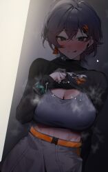 1girls :q belle_(zenless_zone_zero) belt black_hair black_shirt blush bra breasts cleavage clothes_lift crossed_bangs earrings grey_bra grey_eyes grey_skirt highres jewelry large_breasts lifting_own_clothes looking_at_viewer orange_belt shirt shirt_lift short_hair skirt so_dasui1 solo steaming_body sweat tongue tongue_out underwear zenless_zone_zero