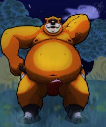 2024 absurd_res animal_crossing anthro bear belly big_belly big_bulge bottomwear bulge clothing clothing_pull detailed_bulge digital_drawing_(artwork) digital_media_(artwork) erection erection_under_clothing feet footwear front_view fur genital_outline gorochuinboxers grey_clothing grey_footwear grey_socks hand_behind_head hi_res jockstrap male mammal moobs nintendo nipples obese open_mouth orange_body orange_clothing orange_fur orange_jockstrap orange_underwear overweight overweight_anthro overweight_male penis_outline socks solo teddy_(animal_crossing) teeth underwear underwear_pull