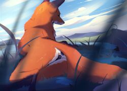 absurd_res anatomically_correct anatomically_correct_genitalia anatomically_correct_vulva animal_genitalia animal_vulva anus barn-owl_(artist) black_anus black_vulva canid canine canine_genitalia canine_vulva cloud digital_media_(artwork) digital_painting_(artwork) female feral fox fur fur_tuft genitals grass hi_res long_tail looking_away lying mammal mountain_range orange_body orange_fur outside painting_(artwork) plant rear_view red_fox shaded sky solo tail true_fox tuft vulva whiskers white_body white_fur