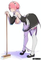 ai_generated bent_over broom kotobukai looking_at_viewer maid medium_breasts nipple_slip panties_around_legs pink pink_eyes pink_hair ram_(re:zero) re:zero_kara_hajimeru_isekai_seikatsu vibrator watermark