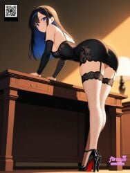 ai_assisted ai_generated ass bare_shoulders black_footwear black_hair blue_eyes breasts cover dress female fishnet_legwear fishnets flirtzy.ai garter_straps hairband high_heels indoors lace lace-trimmed_legwear lace_trim long_hair looking_at_viewer medium_breasts parted_lips solo thighhighs thighs