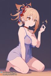 1girls ai_generated blonde_hair boosty_username breasts empty_eyes expressionless female female_only genshin_impact hair_ornament kirill782 kneeling medium_breasts negligee nipples orange_eyes ponytail red_choker see-through snapping_fingers solo stable_diffusion tattoo telegram_username voluptuous watermark yoimiya_(genshin_impact)
