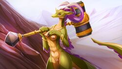 2021 absurd_res anthro breasts colored dragon ear_piercing female genitals hammer hi_res horn large_hammer looking_at_viewer melee_weapon nipples nude piercing pussy scalie solo tools watsup weapon widescreen