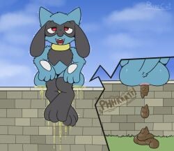 ambiguous_gender ambiguous_peeing ambiguous_pooping anthro anus artist_name ass black_body black_fur blue_body blue_fur bodily_fluids cloud crossed_legs cutaway day emanata eye_roll eyebrows feces feces_on_ground feces_pile fur generation_4_pokemon genital_fluids grass hi_res narrowed_eyes nintendo open_mouth outside peeing plant pokemon pokemon_(species) raised_eyebrows raised_tail red_eyes riolu ritzcat scat scatplay sitting sitting_on_wall sky solo sound_effects stone_wall story story_in_description tail teeth text urine urine_drip urine_on_butt urine_on_self urine_on_wall wall_(structure) watersports