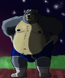 2024 absurd_res animal_crossing anthro balls_outline bandage bandage_on_face bear belly big_belly big_bulge blue_boxer_briefs blue_clothing blue_underwear bottomwear boxer_briefs bulge claws clothing curt_(animal_crossing) detailed_bulge digital_drawing_(artwork) digital_media_(artwork) feet footwear front_view fur genital_outline gorochuinboxers grey_body grey_fur hi_res male mammal nintendo nipples obese open_mouth overweight overweight_anthro overweight_male penis_outline socks solo teeth underwear white_clothing white_footwear white_socks