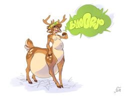 absurd_res antlers belly big_belly breasts burp_cloud burping deer digestion digital_media_(artwork) female female_pred goatchamp hi_res horn mammal onomatopoeia simple_background sound_effects tail taur text vore