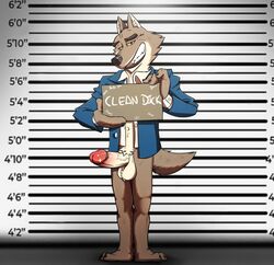 1boy 2021 absurd_res anthro balls bottomless canid canine canis clothed clothing genitals grin hi_res male male_only mammal mr._wolf_(the_bad_guys) mugshot penis seyrmo shirt smile solo suit the_bad_guys topwear wolf