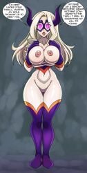 big_breasts blonde_hair boku_no_hero_academia breasts flashing flashing_breasts huge_breasts hypnosis mount_lady my_hero_academia nipples showing_breasts standing submissive_female swirly_eyes talking_to_viewer text yu_takeyama zorro-zero