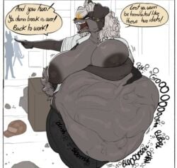 angry annoyed annoyed_pred anthro belly big_breasts bone bone_in_ass bones_in_stomach breasts canid comic dialogue disposal duo fatal_vore female female_pred fluffy fluffy_tail fur grey_body grey_fur group itskorrie long_image low_res lowres male mammal multiple_prey solo swallowing tail tall_image thick_thighs unwilling_prey vore