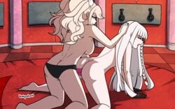 2girls all_fours anal animated blonde_hair comic danganronpa doggy_style female female_only gif gloves junko_enoshima kinkymation kirigiri_kyouko large_breasts multiple_girls naegi_makoto panties_only smooth_skin strap-on vaginal_penetration white_hair yuri