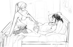 2futas alina_seo anal anal_sex athletic_female bandage_over_one_eye black_and_white futa_on_futa lilith_itou monochrome penis_touching_penis signalis sketch sweetgrape16 tagme wound yuri