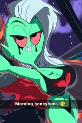 1girls alien alien_girl asymmetrical_hair bed bedroom bedroom_eyes black_panties breasts cleavage clothed crop_top curvy disney female female_only freckles green_skin half-closed_eyes heart highres huge_breasts indoors lord_dominator manic47 navel panties pink_sclera pointy_ears selfie sexting skimpy smile solo space tank_top wander_over_yonder white_hair