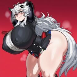 ai_generated arknights armpit_sweat arms_up fangs hair_ornament heavy_breathing huge_breasts lappland_(arknights) lappland_the_decadenza_(arknights) looking_at_viewer messy_hair novelai scar simple_background sleepingslop smug sweat sweaty_body tail thick_thighs voluptuous white_hair wide_hips