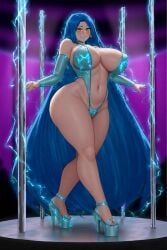 2d_(artwork) ai_art ai_generated big_ass big_breasts blue_hair breasts clothed electricity female green_eyes heels long_hair nervous nervous_smile original original_character skimpy_bikini skimpy_clothes stripper stripper_pole wide_hips