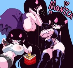 1girls ass black_gloves black_hair black_panties breasts chips_(food) cleavage closed_eyes clothing controller coolerinker covered_nipples crop_top dress elbow_gloves female food gloves hanging_breasts holding horns huge_breasts inker_comics inkershike large_breasts legwear long_hair looking_at_viewer midriff monica_(inker_comics) navel nipples open_mouth panties potato_chips purple_dress remote_control sharp_teeth shorts teeth text thick_thighs thighhighs thighs underwear very_long_hair