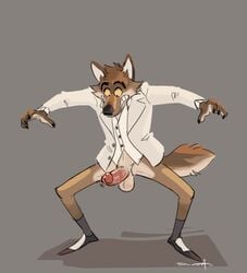 1boy anthro baehotline balls bottomless canid canine canis clothed clothing dreamworks erection genitals hi_res humanoid_genitalia humanoid_penis male male_only mammal mr._wolf_(the_bad_guys) penis solo the_bad_guys wolf