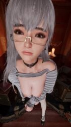 breasts brown_eyes candle candlelight choker close-up eve_(stellar_blade) female glasses high_heels looking_at_viewer reverse_outfit screenshot silver_hair_female socks stellar_blade stellarboi sulking sweater thick_thighs thighhighs thighs video_game white_sweater
