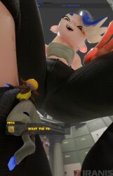 deep_cut_(splatoon) dialogue frye_(splatoon) giantess inkling jeans looking_at_another looking_down macro macro_female micro micro_female octoling profanity shiver_(splatoon) splatoon splatoon_(series) splatoon_3 text twitter_link