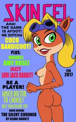 anthro ass blonde_hair coco_bandicoot crash_(series) crash_(series) english_text female furry goggles goggles_on_head green_eyes large_breasts looking_back nude open_mouth orange_fur ponytail solo toonytease