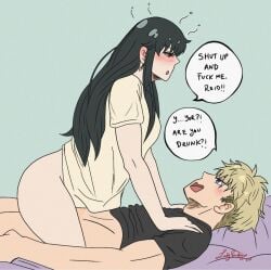 1boy 1boy1girl 1girls bed black_hair black_hair_female black_shirt blonde_hair blonde_male blushing cowgirl_position drunk drunk_female female horny_female implied_sex lady_pendragon loid_forger male roxypendragon shonen_jump spy_x_family white_shirt woman_on_top yor_briar yor_forger
