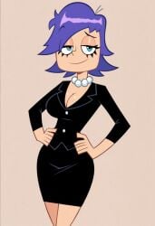 ai_generated big_breasts blue_eyes blue_hair breasts business_suit cartoon_network cleavage curvy female hi_hi_puffy_amiyumi looking_at_viewer pearl_necklace smile wide_hips yumi yumi_yoshimura