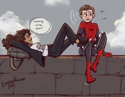 2025 blush clothed dialogue digital_art digital_media_(artwork) erection erection_under_clothes female femdom foot_fetish foot_tease fully_clothed human littlestfuzz male male/female marvel marvel_cinematic_universe michelle_jones outside peter_parker spider-man spider-man_(series) spider-man_(tom_holland) teasing tenting tom_holland zendaya