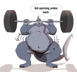 13uckaroo anthro barbell belly big_belly bodily_fluids bulge dialogue drooling exercise fish furry furry_only grey_body hi_res huge_belly male male_pred marine rumbling_stomach saliva shark sharp_teeth stomach_bulge struggling struggling_prey teeth text vore weightlifting workout