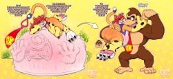 absurd_res anthro ape ariel_the_tiger ass belly belly_blush big_belly big_butt blush bodily_fluids body_blush brown_body brown_eyes brown_fur butt_blush cabezilla digestion digestion_noises donkey_kong_(character) donkey_kong_(series) donkey_kong_bananza duo fatal_digestion fatal_vore feet felid feline female foot_fetish fur gain gorilla green_eyes hair haplorhine hi_res male male/female mammal nintendo orange_body orange_fur pantherine paws primate rareware red_hair speech_bubble sweat text tiger vore weights