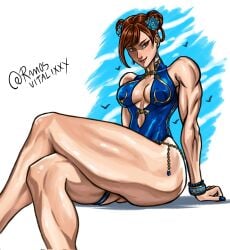 artist_name bare_legs brown_eyes brown_hair busty capcom chun-li fit fit_female flower_in_hair hair_buns legs legs_crossed light-skinned_female light_skin one_piece_swimsuit ramosvitalixxx street_fighter swimsuit thick_thighs