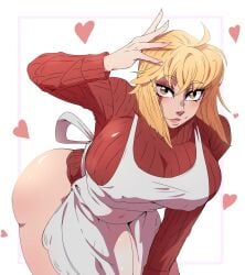 1futa apron ass big_ass big_breasts blonde_hair bottomless breasts clothed dragonfish6 futa_only futanari huge_ass huge_breasts lipstick looking_at_viewer lyn_(oc) milf short_hair solo solo_focus solo_futa thick thick_ass thick_thighs yellow_eyes