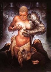 1997 5girls armor artist_signature bandage blood breasts chain_mail chest cupping_breasts fantasy female female_knight female_only gauntlets heavy_metal knight large_breasts medieval_armour midriff multiple_girls muscular_female necklace oscar_chichoni scar short_hair stomach tearing_clothes undressing voluptuous wounded