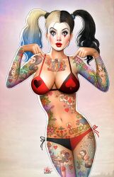 1girls big_breasts bikini_bottom bikini_top curvy_female curvy_figure dc_comics harley_quinn latex_bikini looking_at_viewer multicolored_hair nathan_szerdy red_bikini_top solo_female tagme tattoo_on_arm tattoo_on_belly tattoo_on_legs tattooed_arm twintails voluptuous