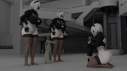 1boy 3d 4girls ass big_ass big_breasts blindfold breasts clothed clothing female giantess hairband huge_ass huge_breasts ilikebigmikus leotard macro male nier:_automata size_difference smaller_male thick thighhighs white_hair yorha_2b yorha_9s yorha_commander