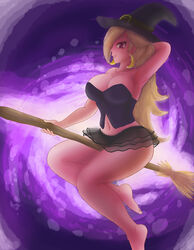 1girls alternate_eye_color armpits barefoot big_breasts blonde_female blonde_hair breasts broom broom_riding busty cleavage corset earrings female hair_over_one_eye hand_behind_head hat large_breasts long_hair looking_at_viewer mario_(series) mario_kart mario_kart_tour navel nintendo princess_rosalina purple_eyes saf-404 safartwoks safartworks short_skirt smile solo thick_thighs tiny_skirt wide_hips witch witch_broom witch_hat