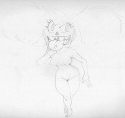 big_hair breasts collarbone eyelashes fee_(harvey_beaks) feet female fingers genitals gesture hair harvey_beaks harvey_beaks_(series) humanoid imp looking_at_viewer monochrome nipples not_furry nude pussy sbshouseofpancakes sharp_teeth small_breasts solo standing teeth toes tongue tongue_out traditional_media_(artwork) v_sign