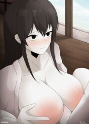 1boy 1boy1girl 1girls black_eyes black_hair blossom_hope blush breast_hold breasts large_breasts long_hair looking_pleasured paizuri penis signature smile titfuck titjob tsuki_yamazaki watermark white_shirt white_skin wooden_floor woomler