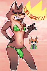 abstract_background absurd_res anthro bikini bikini_bottom bikini_top black_claws black_eyebrows black_nose bodily_fluids brown_body brown_fur bulge canid canine canis cheek_tuft chest_tuft claws clothing come_hither_gesture crying disney duo eyebrows facial_tuft fox frown fur green_bikini green_bikini_bottom green_bikini_top green_clothing green_shirt green_swimwear green_topwear grin hi_res male male_only mammal mr._wolf_(the_bad_guys) narrowed_eyes necktie nick_wilde orange_body orange_fur purple_necktie salamikii shirt smile smug swimsuit swimwear tan_body tan_fur tears text the_bad_guys topwear tuft wolf yellow_eyes zootopia zootropolis