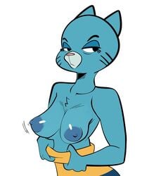 2019 anthro blue_body blue_fur breasts cartoon_network clothed clothing digital_media_(artwork) domestic_cat felid feline felis female fur gabbah gilf half-closed_eyes hi_res mammal mary_senicourt mature_female nipples partially_clothed simple_background solo the_amazing_world_of_gumball white_background