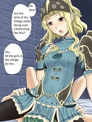 1boy 1girls ai_translated albein_alm_rudolf_ii alm_(fire_emblem) blonde_hair blunt_bangs breasts brown_eyes clair_(fire_emblem) clothed_female_nude_male cunnilingus english_text facesitting fire_emblem fire_emblem_echoes:_shadows_of_valentia fire_emblem_gaiden green_hair hard_translated indoors japanese_text lies light_blush nalu_(artist) nintendo open_mouth running_bond skinny skinny_girl small_breasts speech_bubble stone_wall text tricked