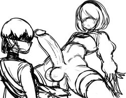 2boys anal anal_sex balls big_balls big_penis blindfold dynamo-x erect_penis erection femboy gay genderswap_(ftm) hairband huge_cock hung_trap male male/male male_focus male_only monochrome nier:_automata penis rule_63 sketch testicles thighhighs trap white_hair yaoi yorha_2b yorha_9s