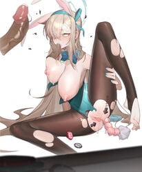 absurdres anal anal_beads anal_beads_tail anal_object_insertion animal_ears asuna_(blue_archive) asuna_(bunny)_(blue_archive) barefoot black_legwear blonde_hair blue_archive blue_eyes blue_nails blush body_writing bow bowtie breasts bunny_ears bunnysuit cai_bi cleavage detached_collar fake_animal_ears fake_tail female femsub finger_in_another's_mouth hair_over_one_eye heart heart-shaped_pupils highres long_hair millennium_science_school_student nipples object_insertion pantyhose penis playboy_bunny poker_chip precum pussy pussy_juice rabbit_ears sex_toy sitting spread_legs symbol-shaped_pupils tagme_(artist) tail torn_clothes torn_legwear torn_pantyhose uncensored very_long_hair