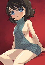 1girls blue_eyes blush bottomless breasts brown_hair clothed clothing eyebrows_visible_through_hair female female_only human humanoid_penis large_breasts light-skinned_female light_skin muramasa_mikado murana_(muramasa_mikado) partially_clothed short_hair sideboob sitting solo virgin_killer_sweater