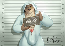 1boy 2021 absurd_res animal_costume anthro bulge canid canine canis dreamworks genitals hi_res kenzofong kigurumi looking_at_viewer male male_only mammal mr._wolf_(the_bad_guys) mugshot numbered_tag penis police_lineup sculpture solo statue the_bad_guys wolf