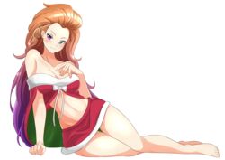 adult barefoot big_breasts christmas elite_drawing feet festive league_of_legends looking_at_viewer multicolored_hair zoe_(league_of_legends)