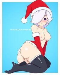 (mirius) brawl_stars christmas_headwear colette_(brawl_stars) cute hair_over_one_eye paradisestarsbs purple_eyes tagme white_hair