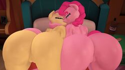 anthro ass bed bedroom big_ass big_butt duo fat_ass female female/female fluttershy_(mlp) friendship_is_magic furniture genitals huge_ass humanoid indigosfm kissing large_ass looking_at_viewer looking_back my_little_pony pinkie_pie_(mlp) plump_labia pussy small_wings straight_hair thick_thighs wide_hips wings