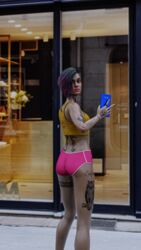 3d building cd_projekt_red cgi city cyberpunk cyberpunk_2077 female female_focus female_only green_hair hotpants judy_alvarez moonnoon nerdy_female outdoors purple_hair samsung small_breasts smartphone store sweat tattoo tattooed_arm tattoos wet