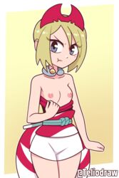 areolae artist_name blonde_hair blush border flashing_breasts game_freak gray_eyes hourglass_figure irida_(pokemon) looking_at_viewer nipples pokémon pokemon pokemon_legends:_arceus pulling_down_shirt self_upload short_blonde_hair short_hair shorts small_breasts teliodraw white_border