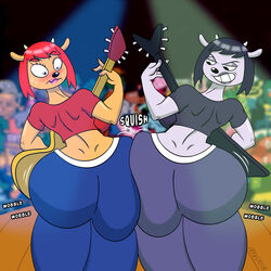 2girls anthro ass black_hair blush breast clothing drawsputin electric_guitar female female_focus female_only furry guitar lamb lammy_lamb large_ass large_breasts looking_at_each_other musical_instrument parappa_the_rapper rammy_lamb red_hair sideboob thick_thighs thighs um_jammer_lammy